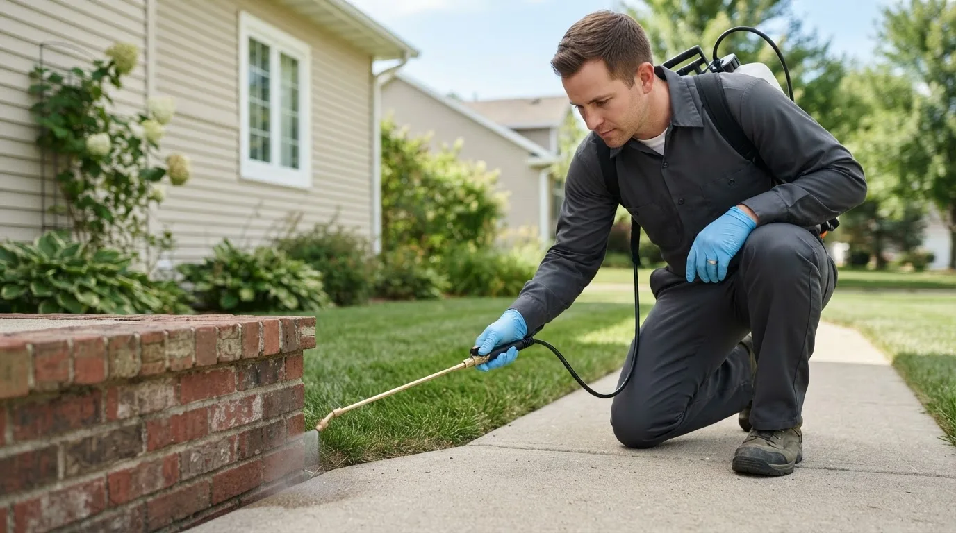 Pest control technician treating a home near Oak City, UT